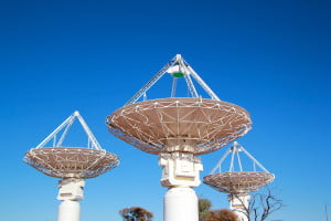 Three dish antennas of the Australian SKA Pathfinder constructed by CSIRO in Western Australia. 