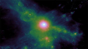 This simulation shows an energetic galaxy and the powerful X-rays emitted by the gas within it. Bubbles in the gas caused by supernovae and stellar winds are also visible. Credit: Chris Power, Rick Newton and the ICRAR Simulations Team.