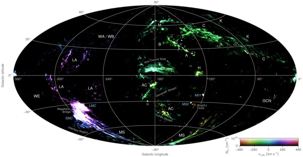 A false-colour all-sky map combining the column density and radial velocity of high-velocity neutral hydrogen gas detected by the HI4PI survey. Brightness corresponds to column density and hue to radial velocity. Credit: ICRAR.
