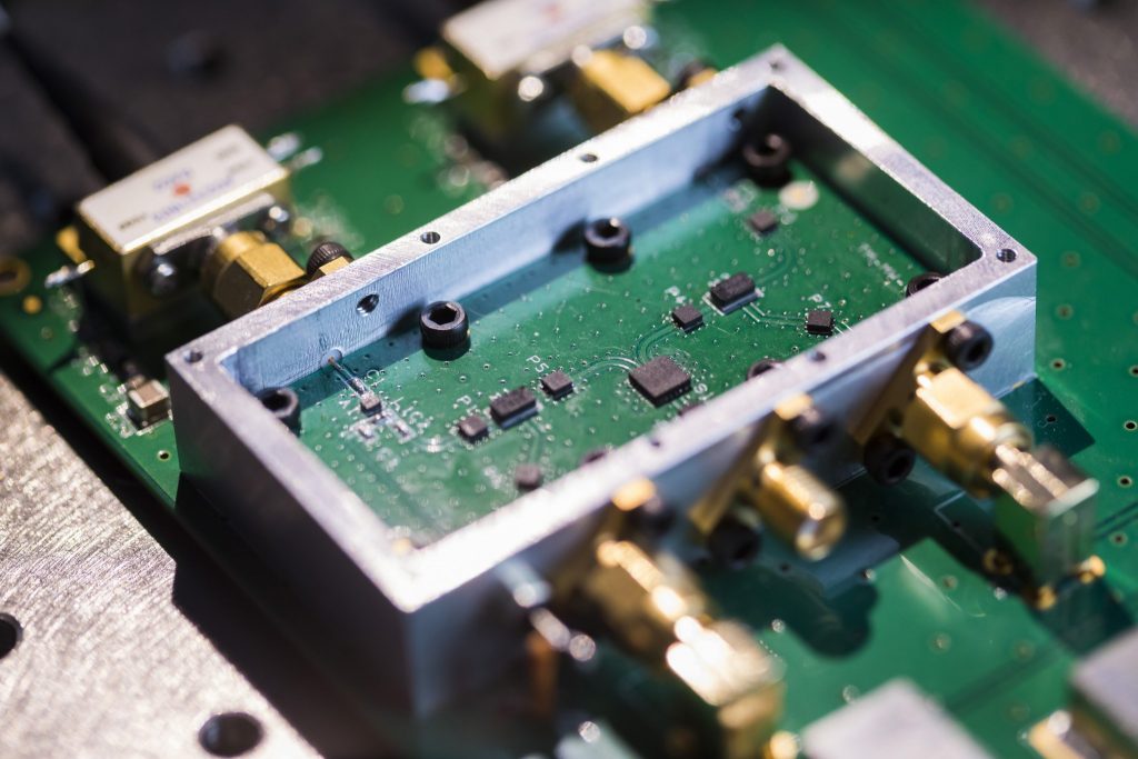 A close-up of the high-precision electronic microwave-frequency mixing circuitry—a crucial part of every SKA-mid Transmitter Module. Credit ICRAR.