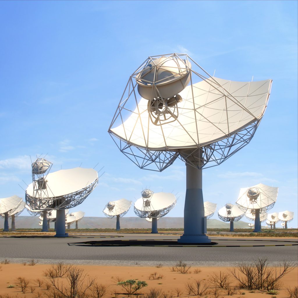 This artists rendition of the SKA-mid dishes in Africa shows how they may eventually look when completed. The 15m wide dish telescopes will provide the SKA with some of its highest resolution imaging capability, working towards the upper range of radio frequencies which the SKA will cover. Credit: SKA Organisation.