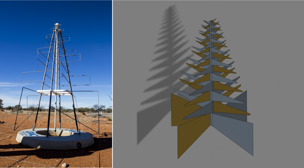 An AAVS1 antenna in the field at the Murchison Radio-astronomy Observatory alongside a schematic showing the design for Low Frequency Aperture Array antennas.