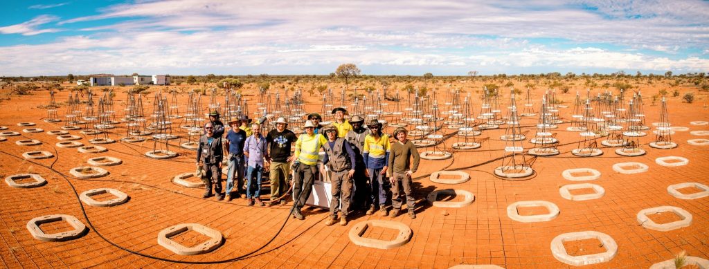 Members of ICRAR’s Engineering team working with colleagues from the National Institute for Astrophysics in Italy to install antennas for the Aperture Array Verification System Test Platform. Credit: ICRAR