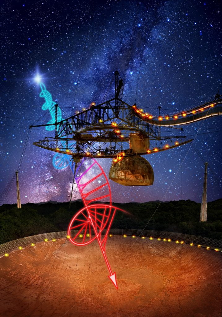 The 305-metre Arecibo telescope, in Puerto Rico, and its suspended support platform of radio receivers is shown amid a starry night. A flash from the Fast Radio Burst source FRB 121102 is seen, originating beyond the Milky Way from deep in extragalactic space. This radio burst is highly polarised, and the polarised signal gets twisted as a function of radio frequency because there is an extreme region of magnetised plasma between Earth and the source of the bursts. Credit: Image design - Danielle Futselaar; Photo - Brian P. Irwin / Dennis van de Water / Shutterstock.com