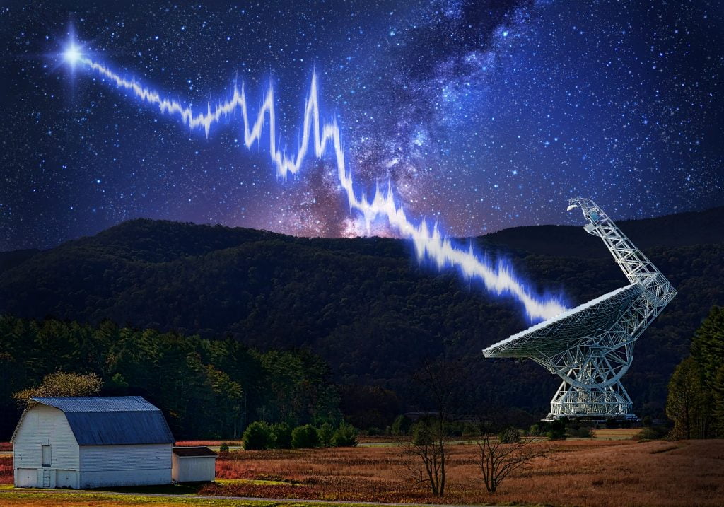 The 100-metre Green Bank telescope in West Virginia is shown amid a starry night. A flash from the Fast Radio Burst source FRB 121102 is seen traveling toward the telescope. The burst shows a complicated structure, with multiple bright peaks—these may be created by the burst emission process itself or imparted by the intervening plasma near the source. This burst was detected using a new recording system developed by the Breakthrough Listen project. Credit: Image design - Danielle Futselaar; Photo usage - Shutterstock.com