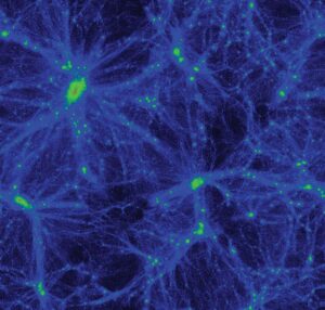 This is an image from a simulation showing dark matter distribution in a cosmological volume of ~60 Mpc. The simulation is used to study how satellite galaxies cluster around primary galaxies and is helping researchers better understand how well dark matter can be measured in low mass galaxy groups in the real Universe. 