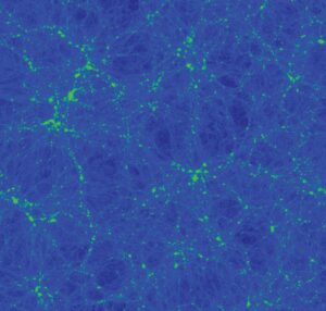 This image is from a simulation designed to produce synthetic WAVES and DEVILS galaxy evolution surveys. It shows the large scale distribution of dark matter and the lace-like structure of the Universe in a cosmological volume of ~300 Mpc. 