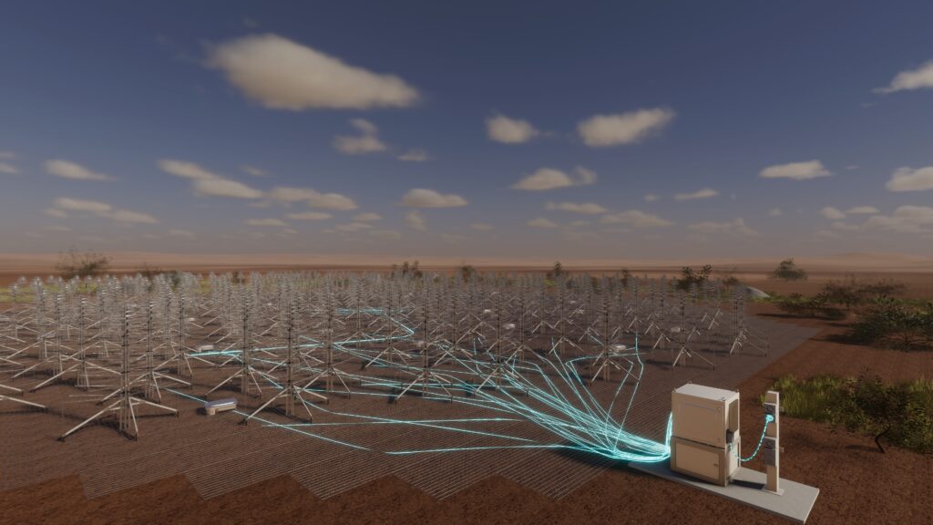 The Field Node Distribution Hub (FNDH, lower right of image) distributes power and fibre connections to the 24 SMART Boxes deployed in each SKA-Low Station. Artist’s impression by Scott Bell. Credit: ICRAR-Curtin.