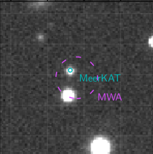 Two bright points against a dark background, with a large circle surrounding both labeled 'MWA', and a small circle pinpointing one labeled MeerKAT