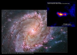 Nearby spiral galaxy M83 and the MQ1 system with jets, as seen by the Hubble Space Telescope. The blue circle marks the position of the MQ1 system in the galaxy (shown inset). Image Credits: M83 – NASA, ESA and the Hubble Heritage Team (WFC3/ UVIS, STScI-PRC14-04a). MQ1 inset – W. P. Blair (Johns Hopkins University) & R. Soria (ICRAR-Curtin)